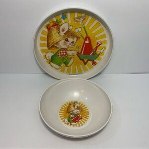 Vintage 1975 The First Years Child’s Dish Set Melamine Plate & Bowl Bunny Rabbit